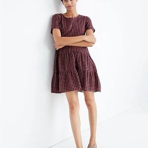 Madewell AL286 Short Sleeve Tiered Mini Dress Pink and Black Gingham size Medium